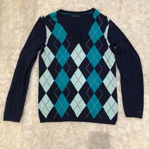 TOMMY HILFIGER Women's Ivy Argyle V-Neck Sweater Size M